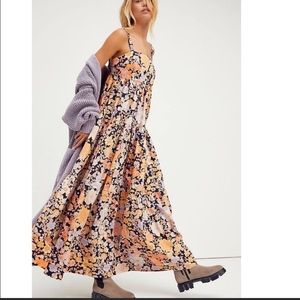 Free People Park Slope Black Dark Combo Floral Backless Maxi Dress Bohemian